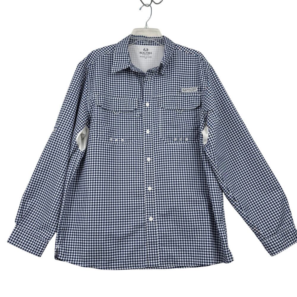 Realtree Fishing Button Up Shirt Mens Size L Blue White Plaid Vented Long Sleeve